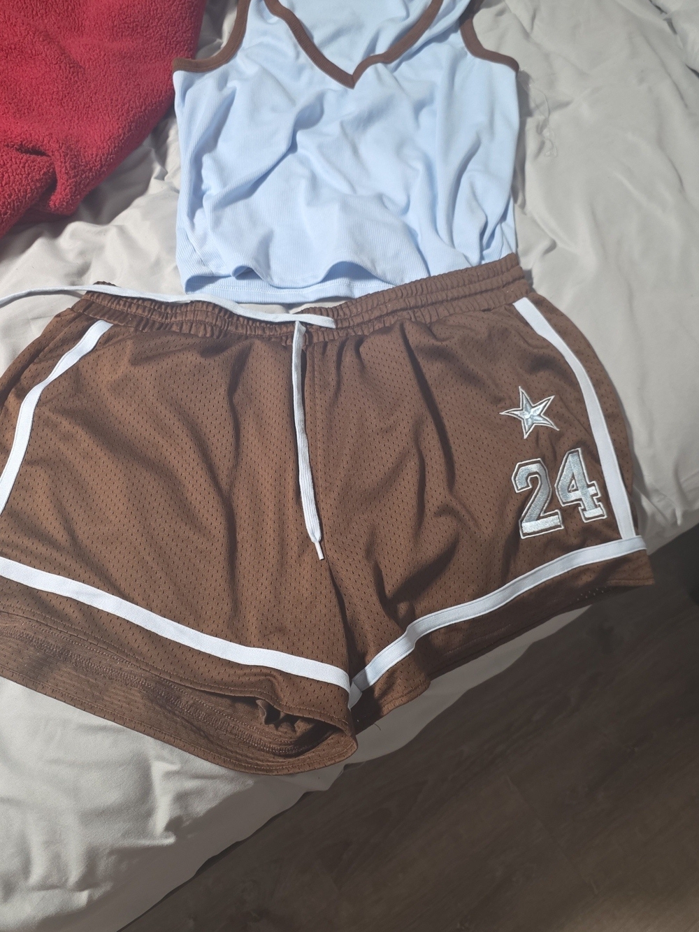 Fashion Nova Brown Athletic Mesh Shorts with White Trim and 24 Patch